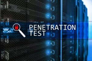 An overview image of a server with a magnifying glass graphic and the words “penetration test” overlaid on the image.