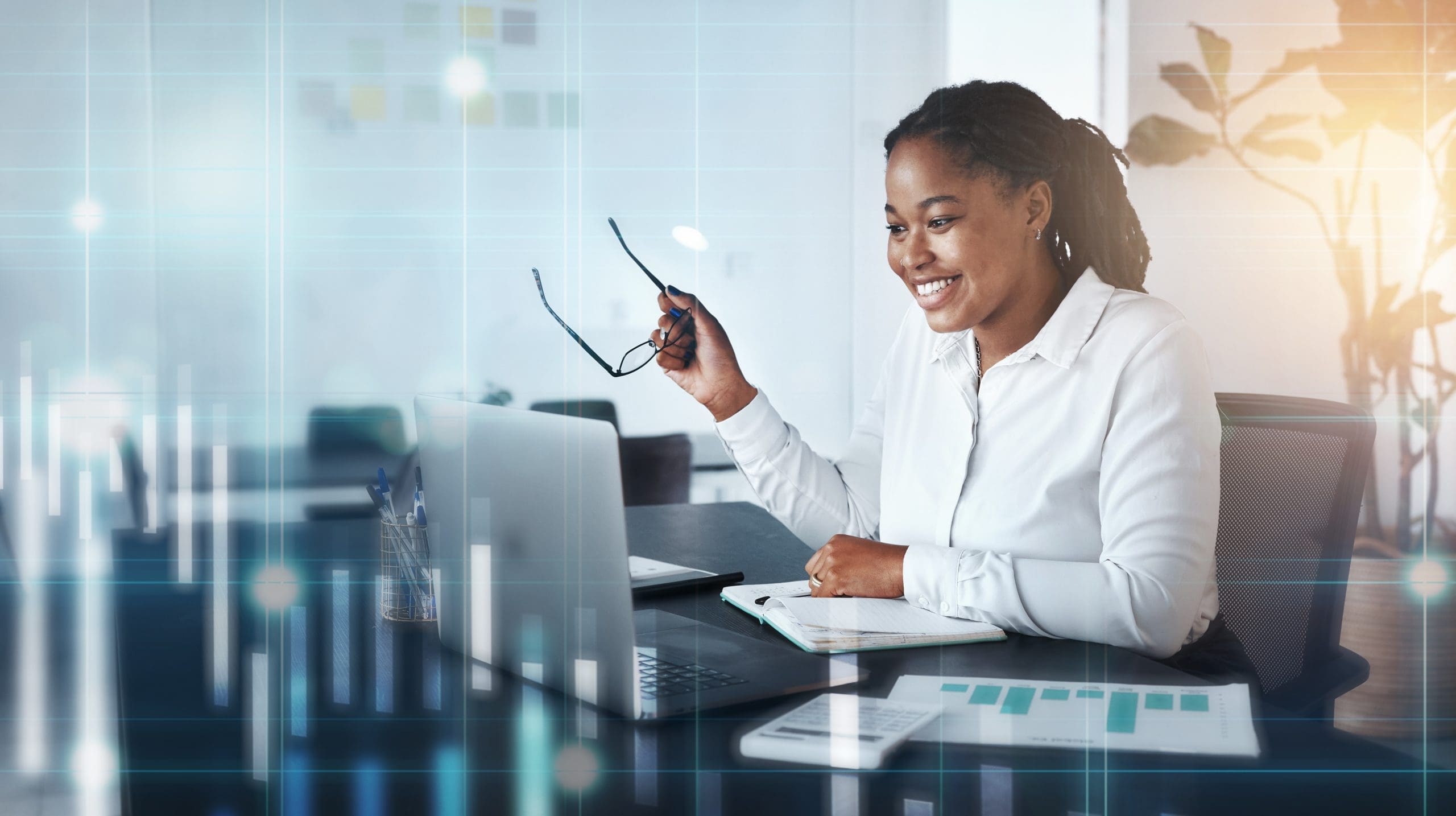 Woman laptop, finance overlay and stock market with chart, documents and happy for success with crypto. Cybersecurity, blockchain and digital investment with 3d hologram for vision, goal or analytics.