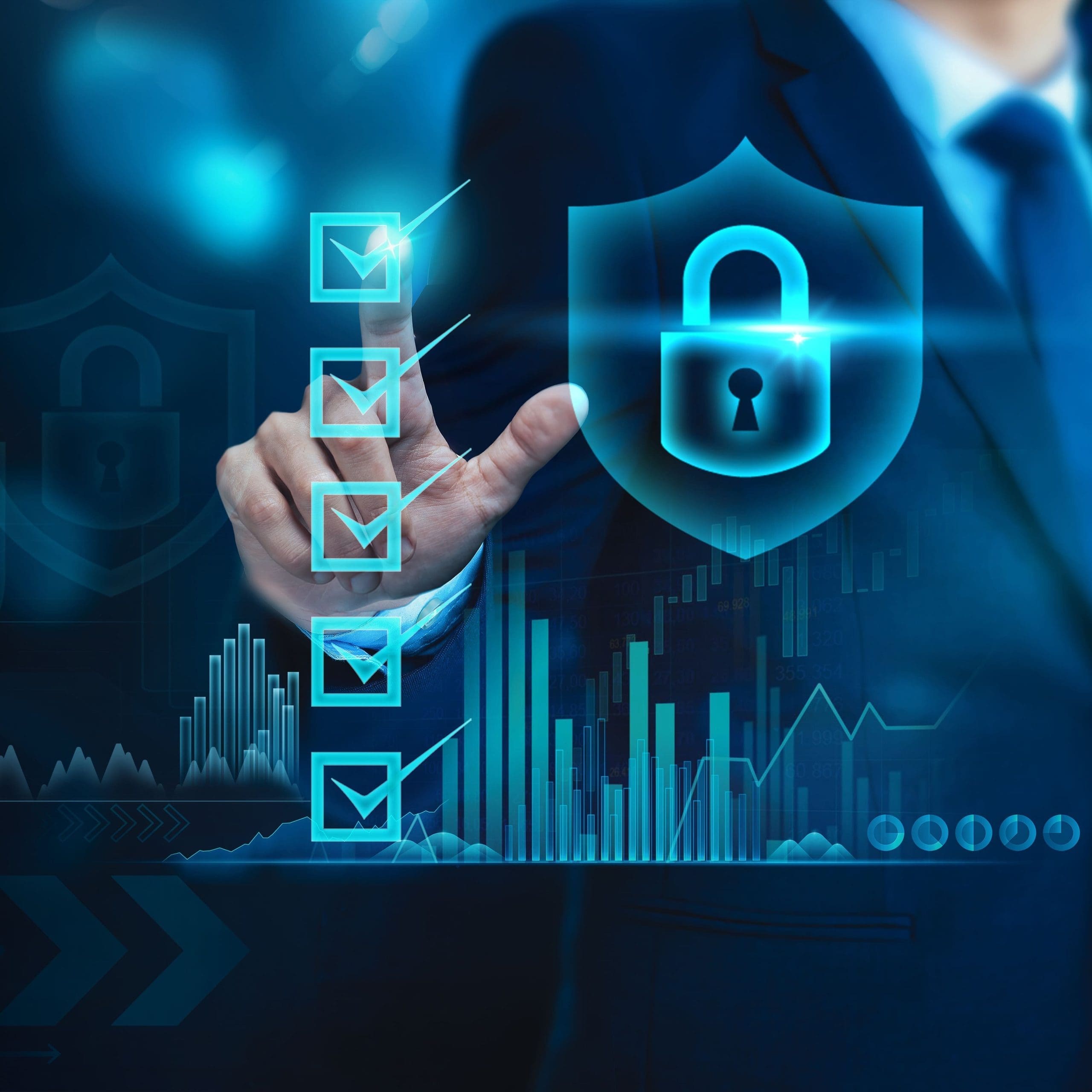 Businessman check cybersecurity and online evaluation of businesses through a virtual interface, emphasizing the importance of communication technology in the realm of cybersecurity.