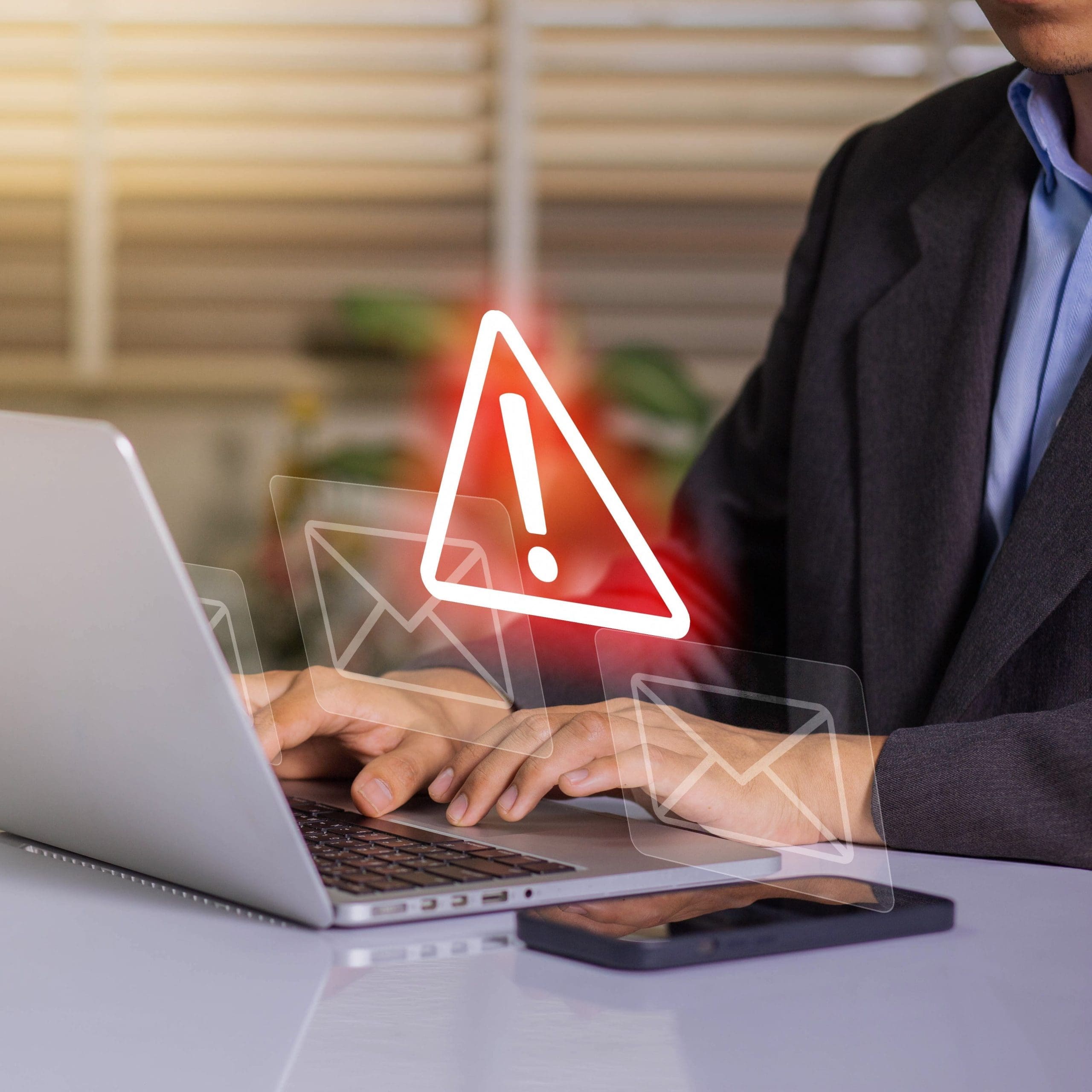 Businessman using laptop with electronic email hacking and spam warning symbol. cyber attack network, virus, spyware, Cyber security and cybercrime.