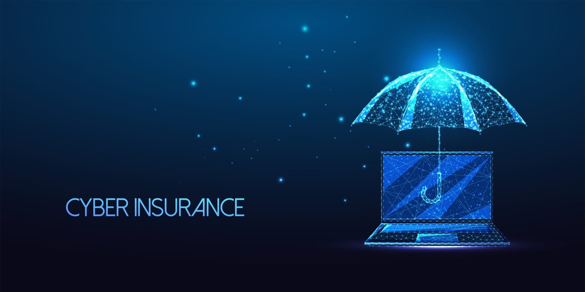 Futuristic cyber insurance concept with an umbrella over a laptop.