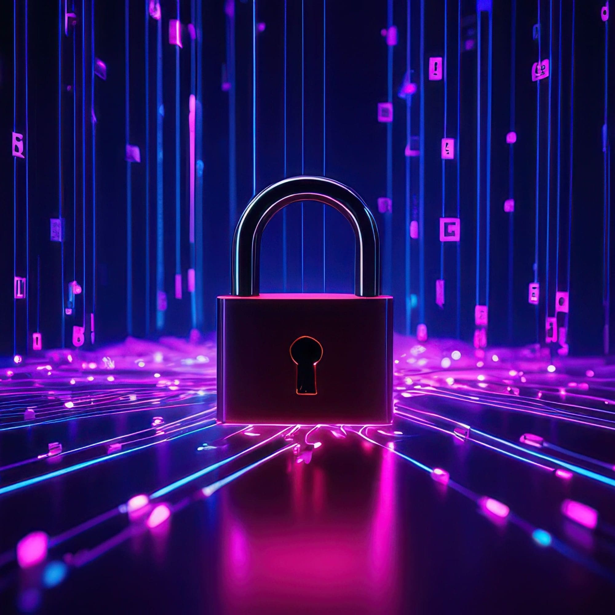 ransomware A glowing padlock surrounded by vibrant digital data streams, symbolizing cybersecurity and data protection in a modern, high-tech environment